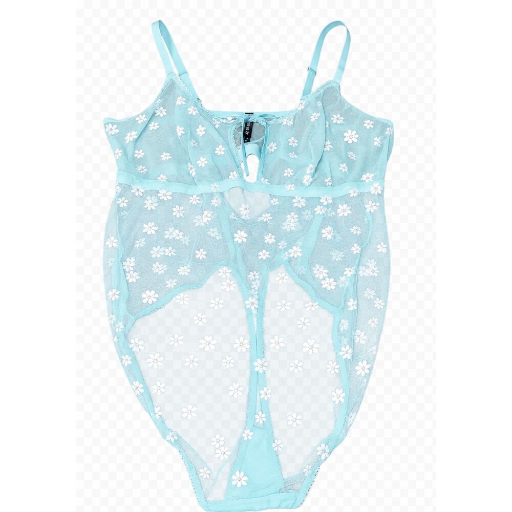 Torrid Daisy Floral Lace Mesh Bodysuit Aqua Teal Wireless Strappy Tie Front 3X